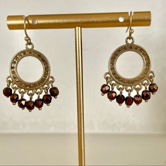Gold tone circle rhinestone drop earrings - Picture 1 of 10